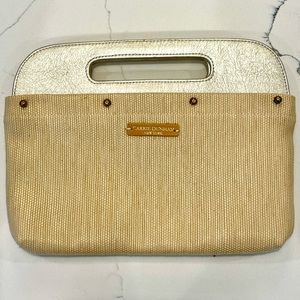 Carrie Dunham gold clutch woven cover blue + white cotton stripe lining unused